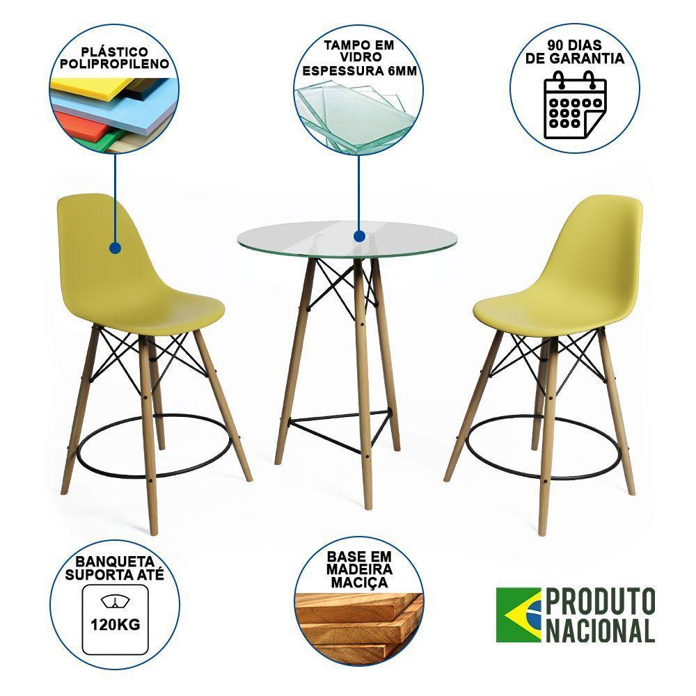 Mesa Bistrô Eames Eiffel Vidro Com 2 Banquetas Amarelas De Madeira - Cor: Amarelo - 6