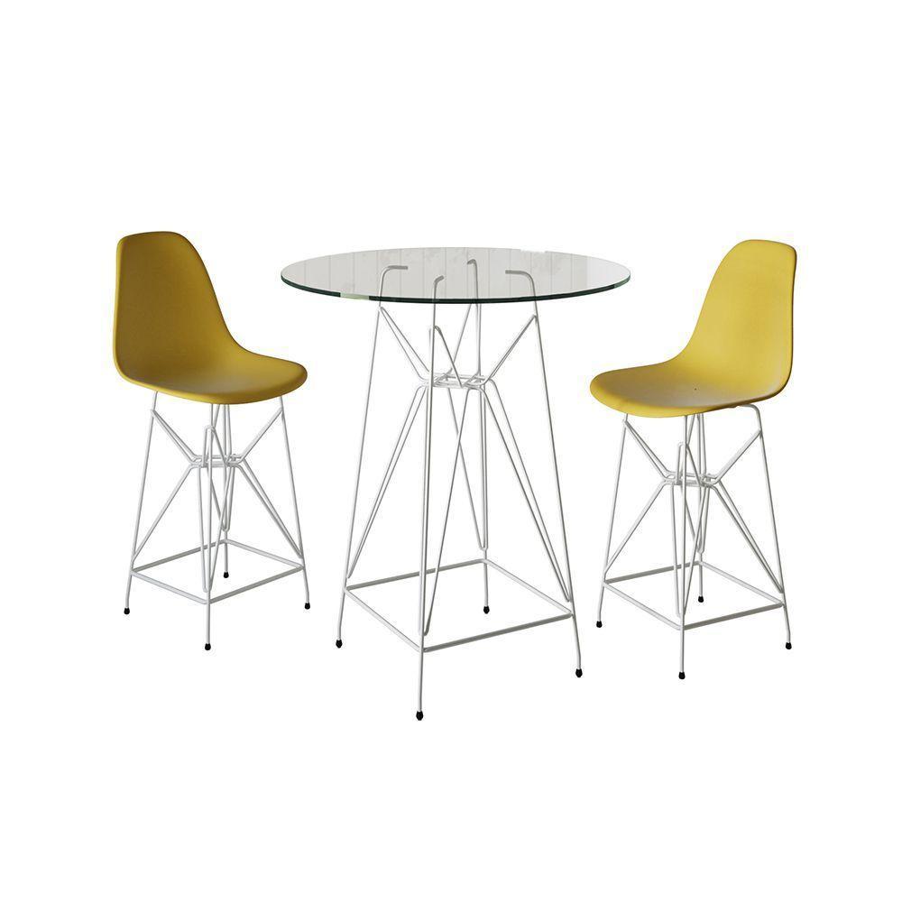 Jogo Mesa Bistrô Eames Vidro 60Cm 2 Banquetas Amarela Base Ferro Branco - Cor: Branco - 1