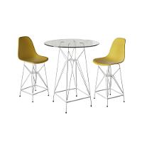 Jogo Mesa Bistrô Eames Vidro 60Cm 2 Banquetas Amarela Base Ferro Branco - Cor: Branco - 1