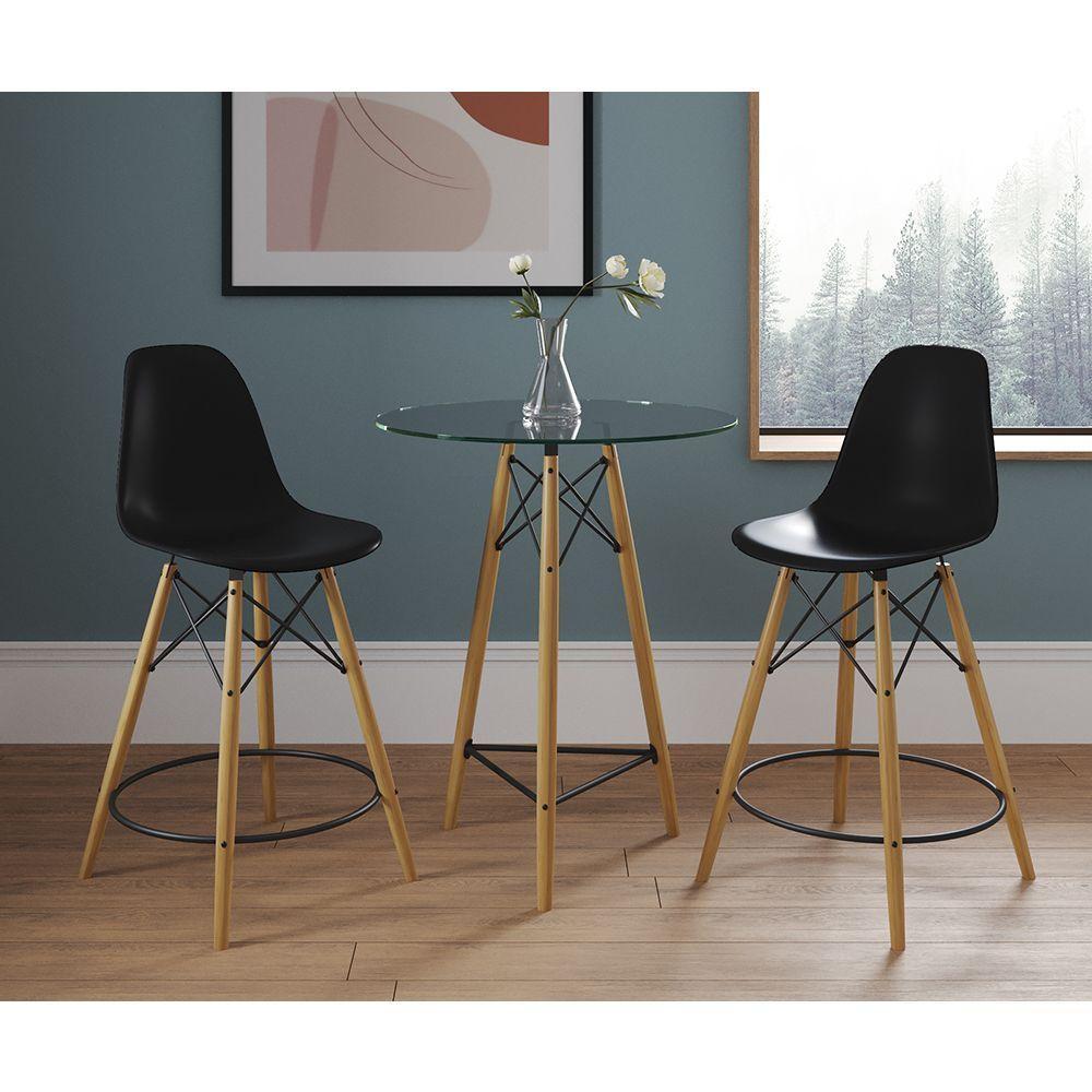 Mesa Bistrô Eames Eiffel Vidro Com 2 Banquetas Pretas De Madeira - Cor: Preto - 1