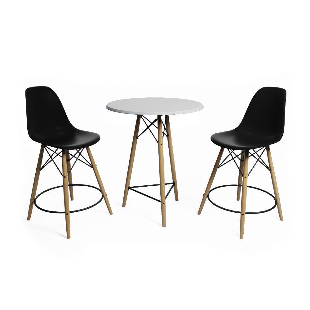 Mesa Bistrô Eames Eiffel Branca Com 2 Banquetas Pretas De Madeira - Cor: Branco - 6