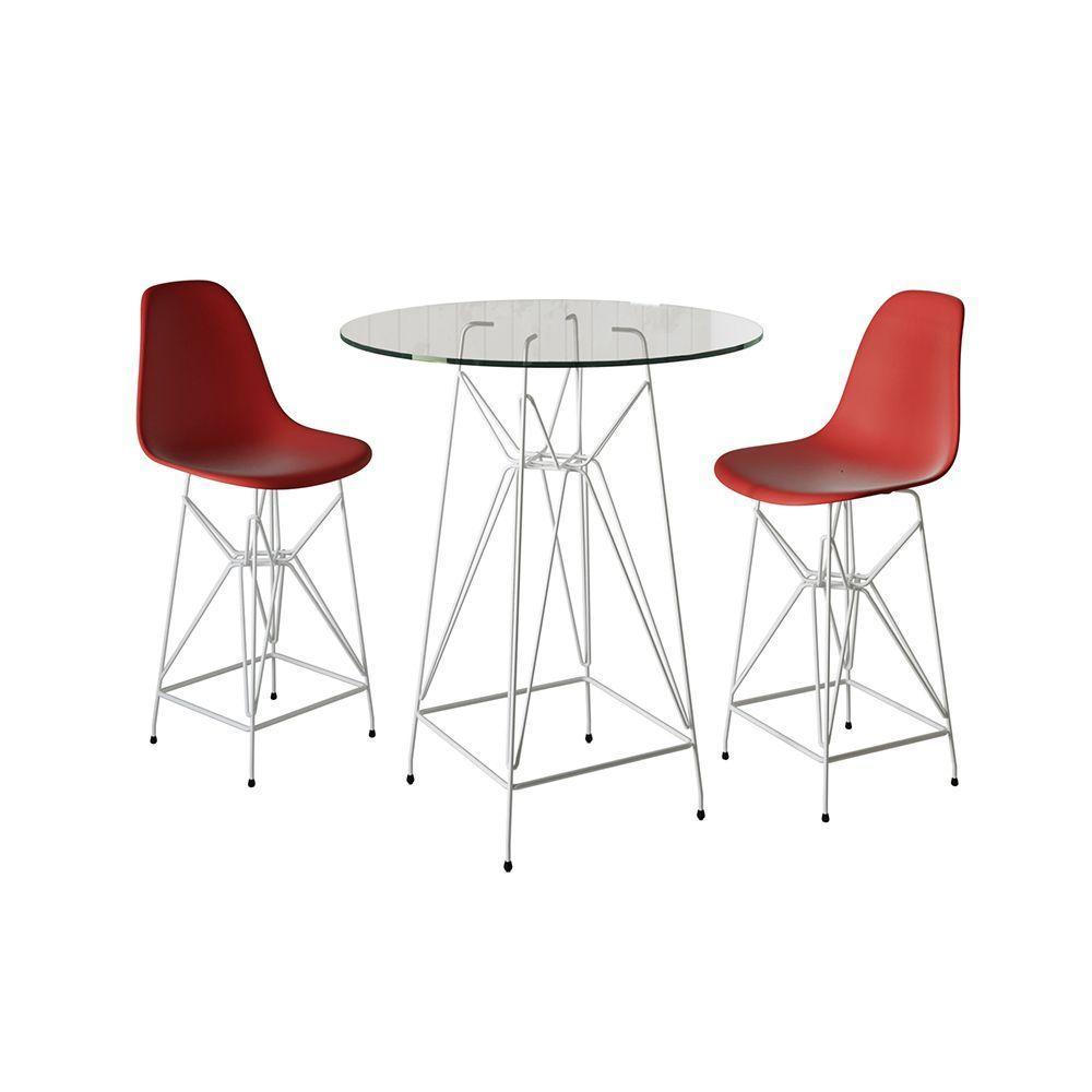 Jogo Mesa Bistrô Eames Vidro 60Cm 2 Banquetas Vermelha Base Ferro Branco - Cor: Branco - 1