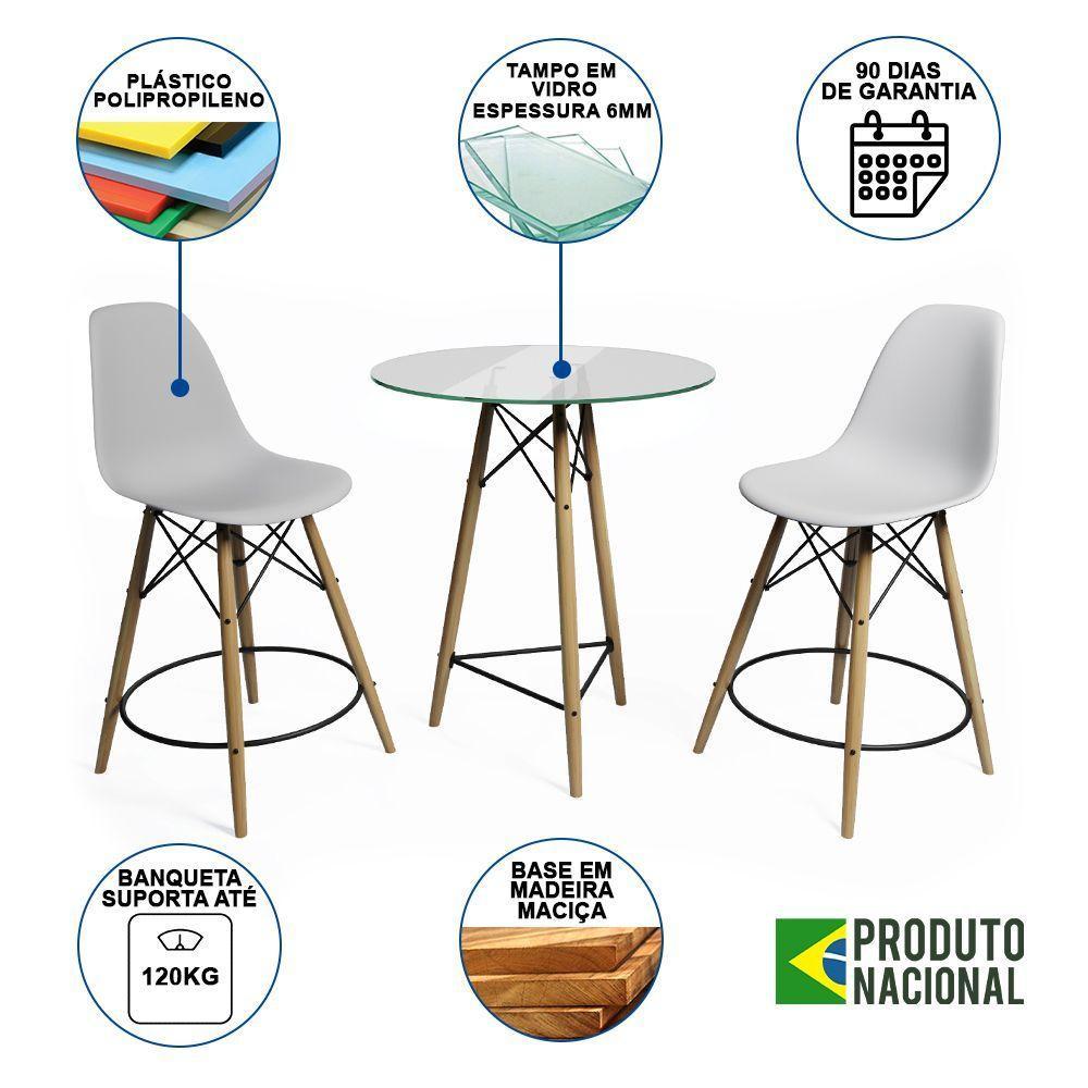 Mesa Bistrô Eames Eiffel Vidro Com 2 Banquetas Brancas De Madeira - Cor: Branco - 6
