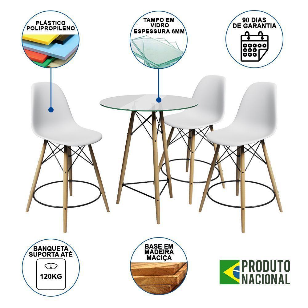 Conjunto Mesa Bistrô Eames Eiffel Vidro Com 3 Banquetas Brancas De Madeira - Cor: Branco - 6