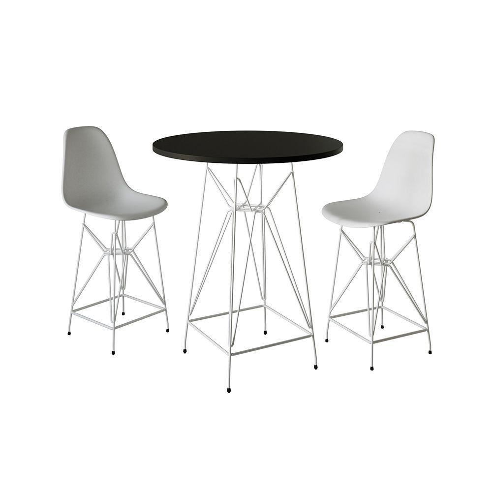 Jogo Mesa Bistrô Eames Preta 60Cm 2 Banquetas Branca Base Ferro Branco - Cor: Preto - 1