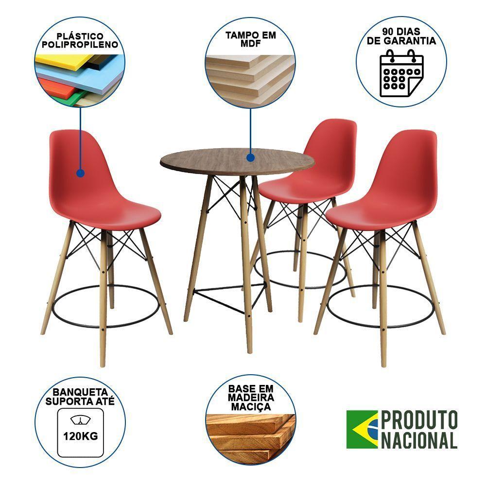 Conjunto Mesa Bistrô Eames Eiffel Amêndoa Com 3 Banquetas Vermelhas De Madeira - Cor: Marrom - 6