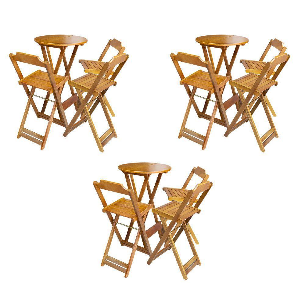 Kit 3 Jogos De Mesa Bistrô De Madeira Dobrável Com 3 Banquetas - Mel - 1
