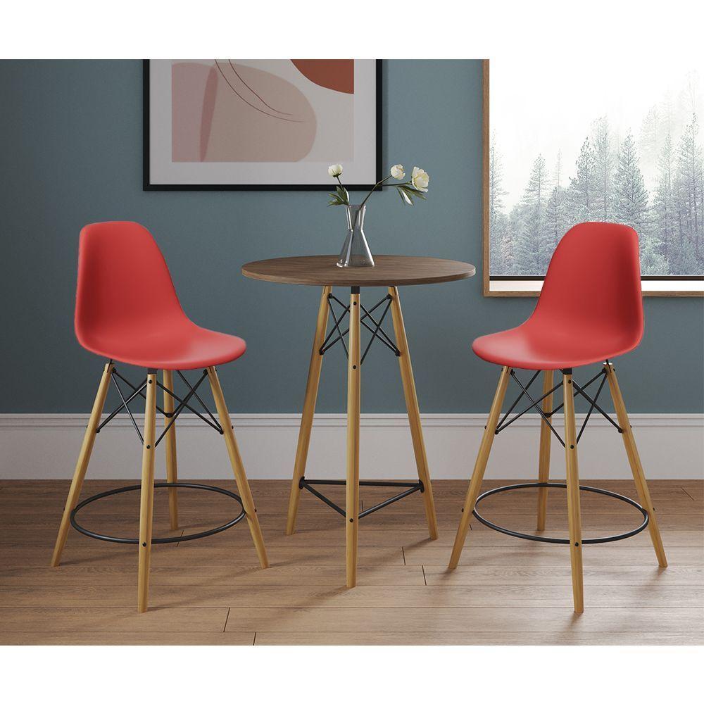 Mesa Bistrô Eames Eiffel Amêndoa Com 2 Banquetas Vermelhas De Madeira - Cor: Marrom - 1