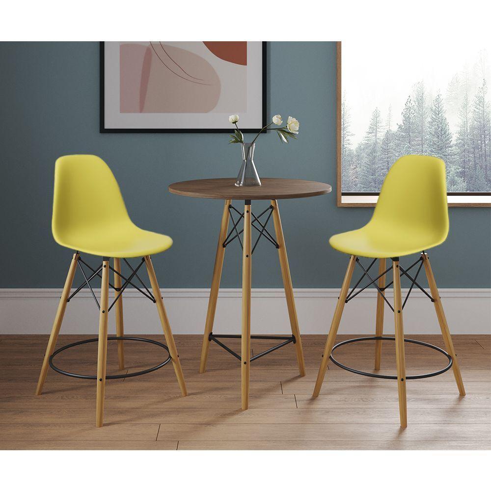 Mesa Bistrô Eames Eiffel Amêndoa Com 2 Banquetas Amarelas De Madeira - Cor: Marrom - 1