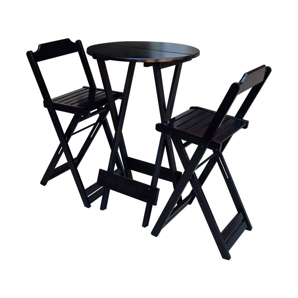 Jogo De Bistrô Dobrável Em Madeira Maciça C/ 02 Banquetas Altas - Preto - Preto - 1