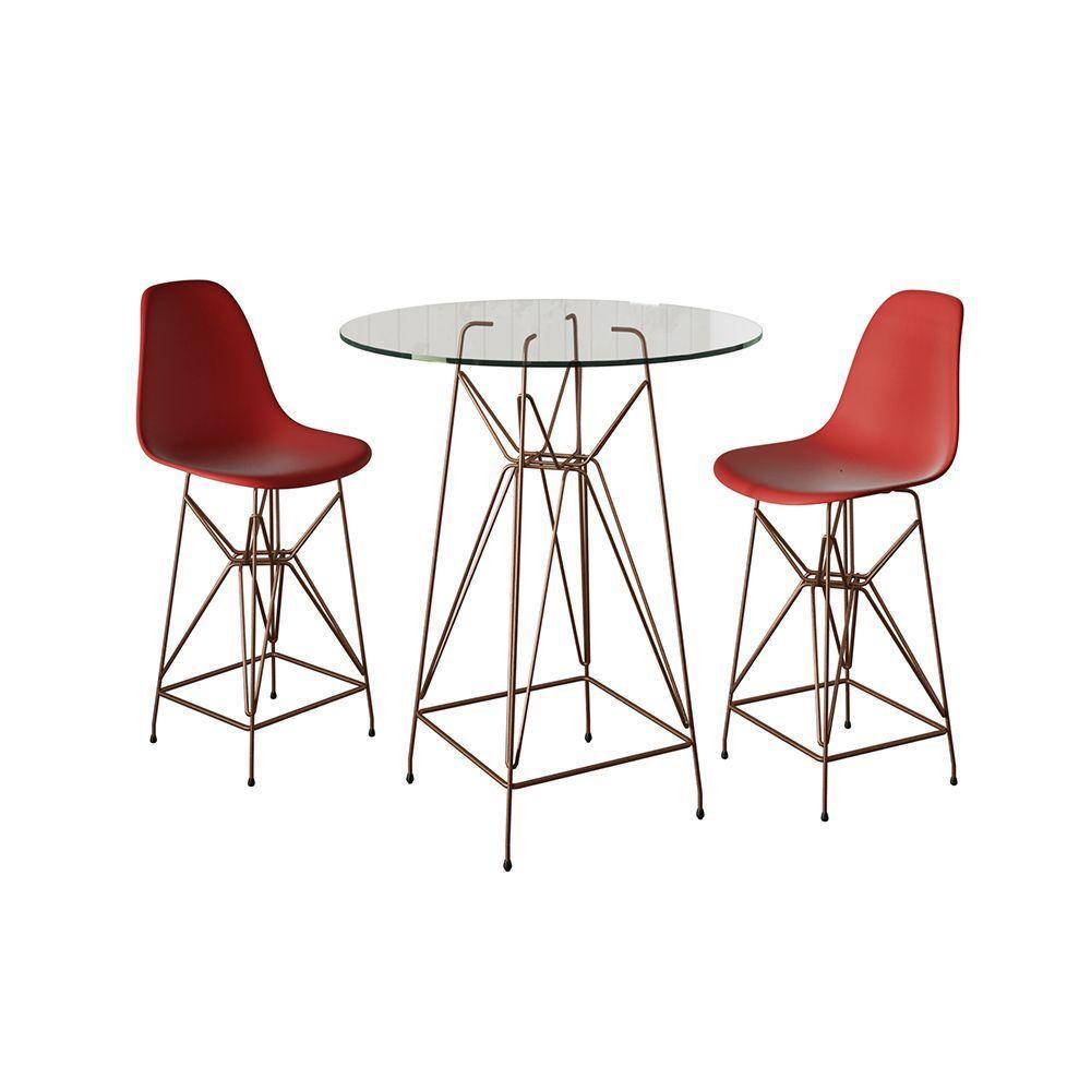 Jogo Mesa Bistrô Eames Vidro 60Cm 2 Banquetas Vermelha Base Ferro Cobre - Cor: Branco - 1