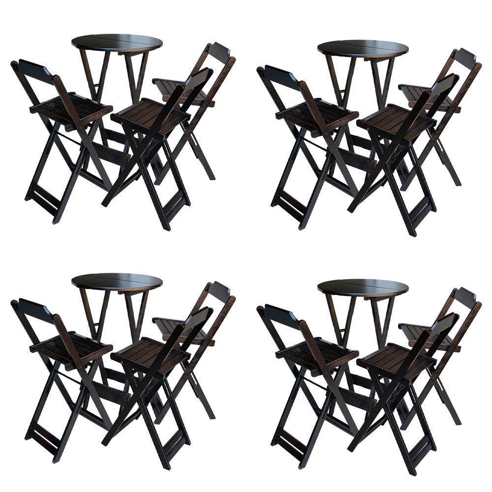 Kit 4 Jogos De Mesa Bistrô De Madeira Dobrável Com 3 Banquetas - Marrom - 1