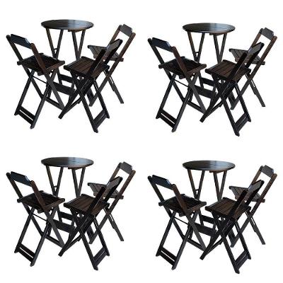 Kit 4 Jogos De Mesa Bistrô De Madeira Dobrável Com 3 Banquetas - Marrom