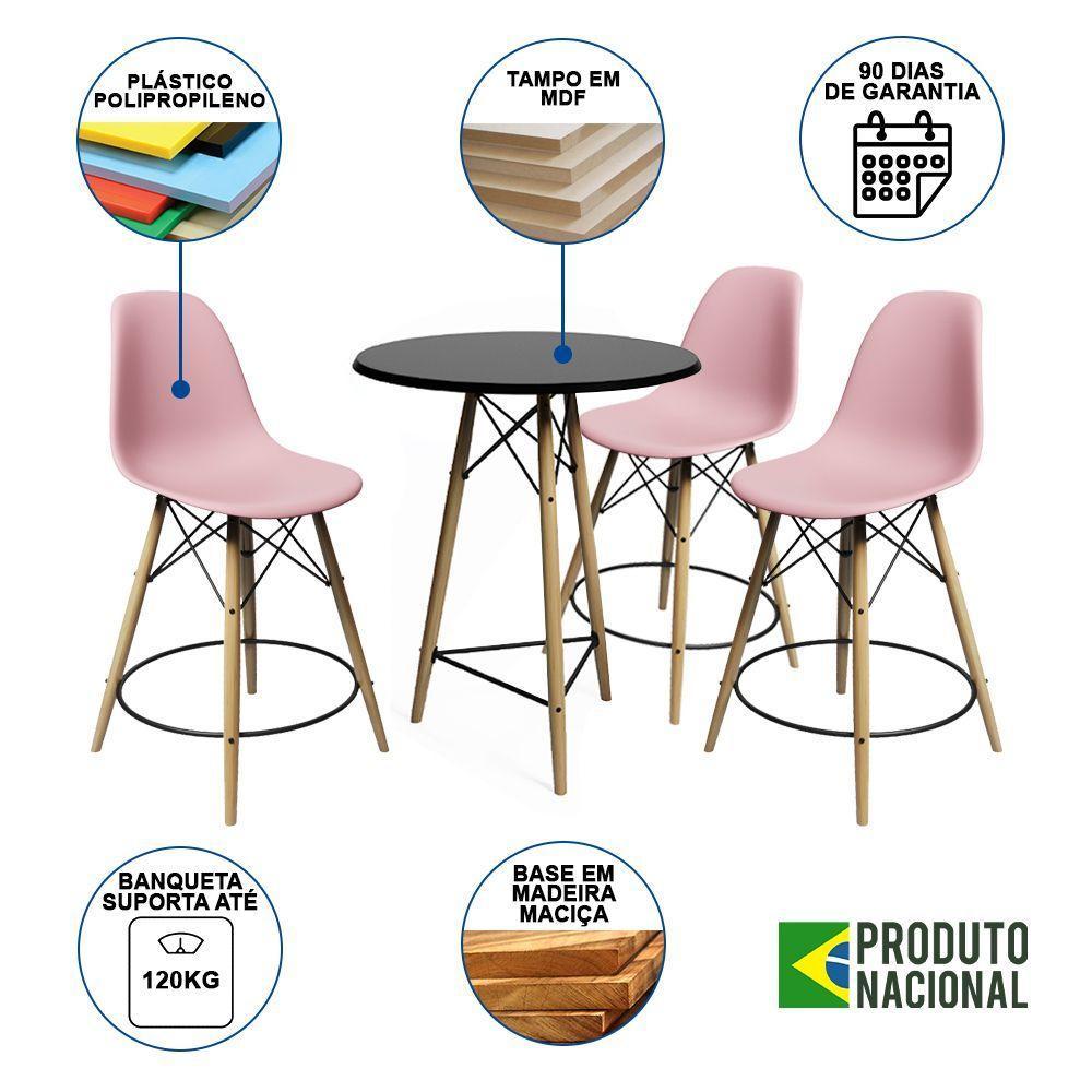 Conjunto Mesa Bistrô Eames Eiffel Preta Com 3 Banquetas Rosas De Madeira - Cor: Preto - 6