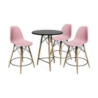 Conjunto Mesa Bistrô Eames Eiffel Preta Com 3 Banquetas Rosas De Madeira - Cor: Preto - 1