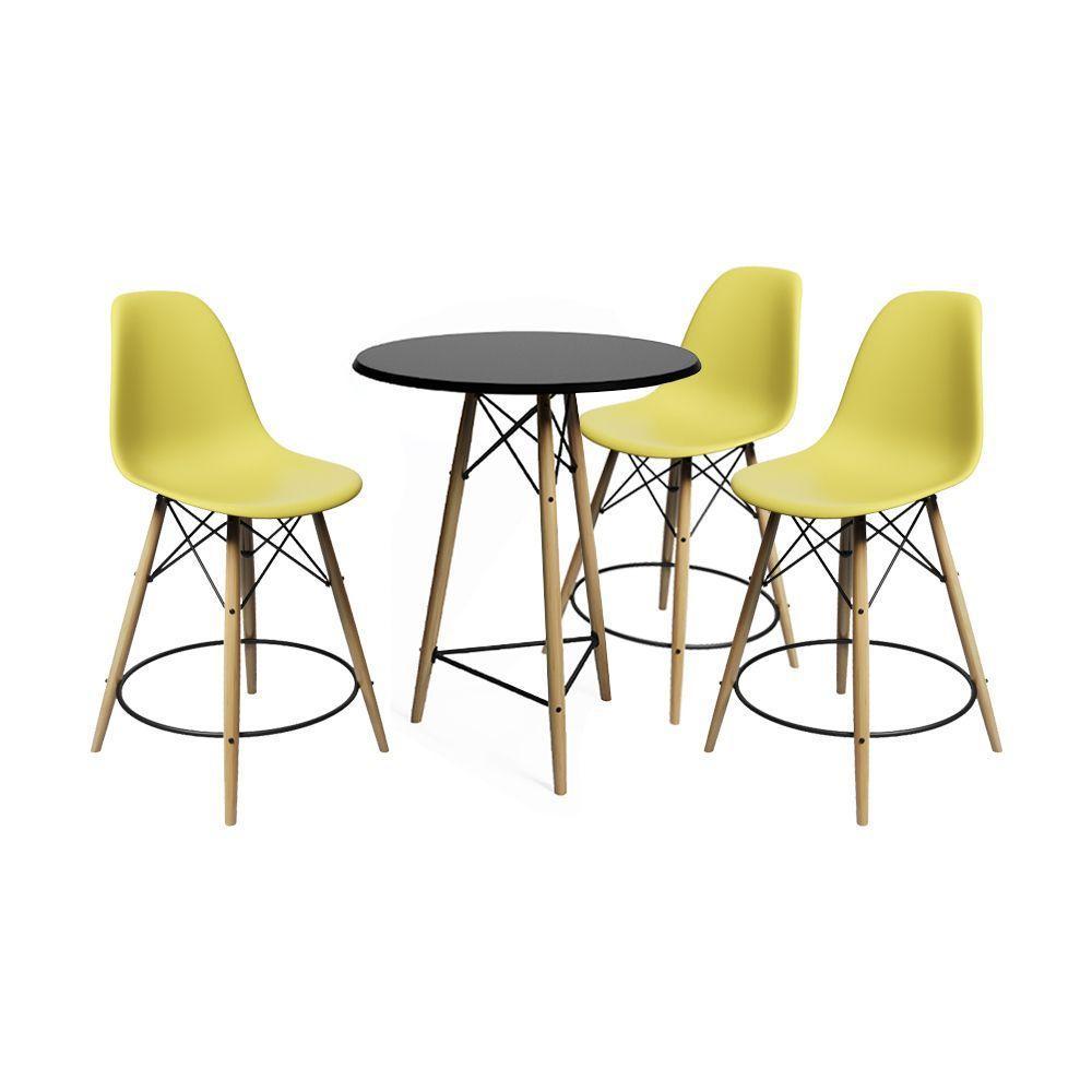 Conjunto Mesa Bistrô Eames Eiffel Preta Com 3 Banquetas Amarelas De Madeira - Cor: Preto - 1