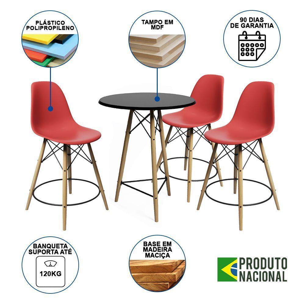 Conjunto Mesa Bistrô Eames Eiffel Preta Com 3 Banquetas Vermelhas De Madeira - Cor: Preto - 6