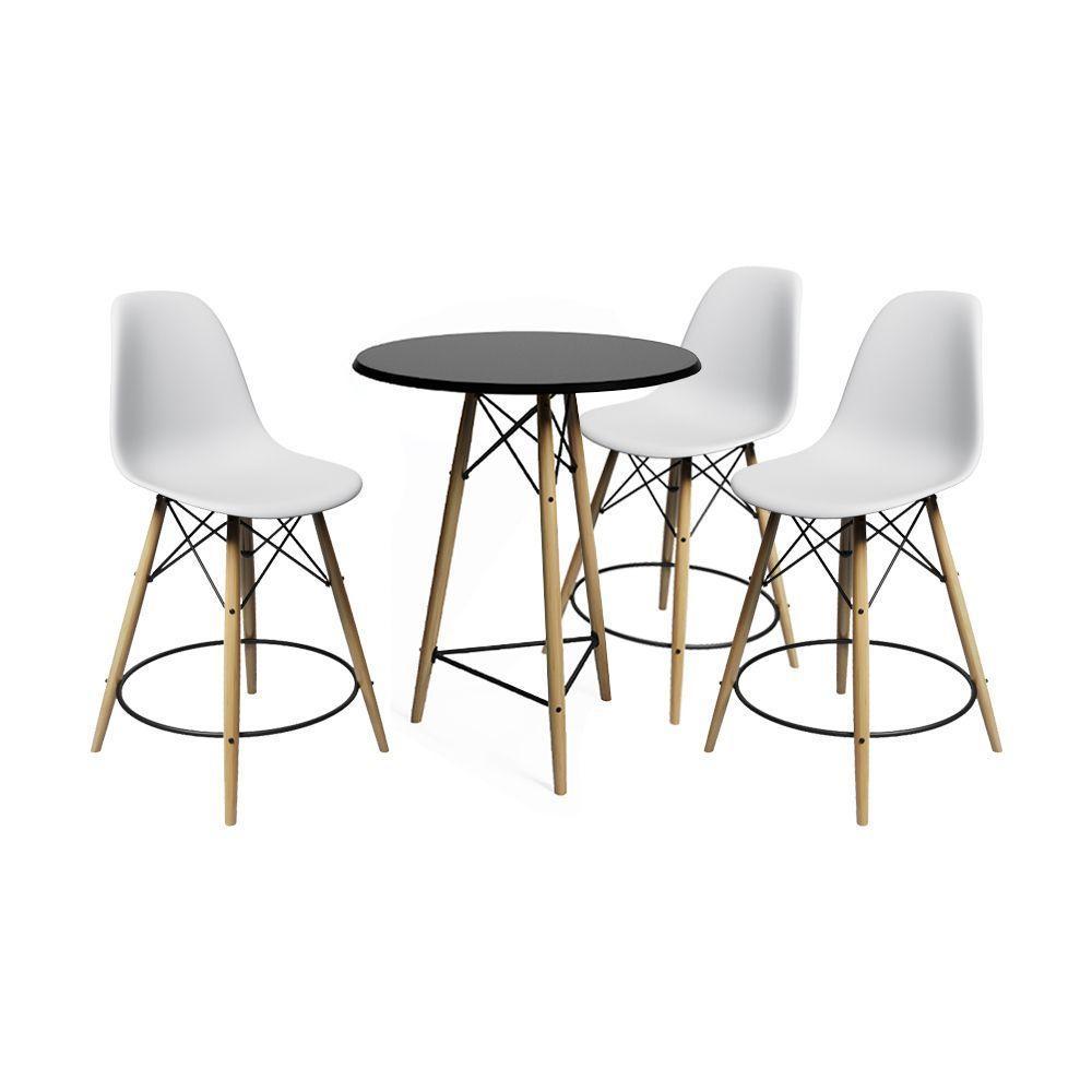 Conjunto Mesa Bistrô Eames Eiffel Preta Com 3 Banquetas Brancas De Madeira - Cor: Preto - 1