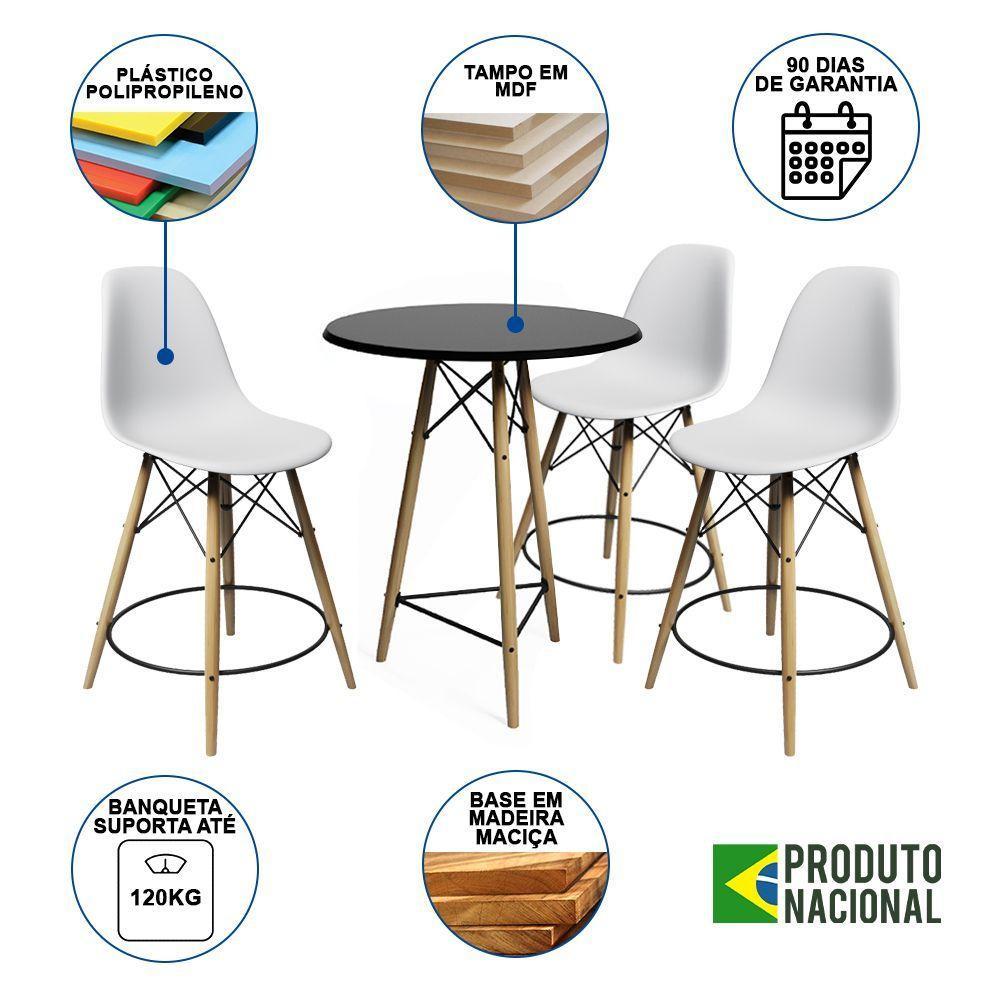 Conjunto Mesa Bistrô Eames Eiffel Preta Com 3 Banquetas Brancas De Madeira - Cor: Preto - 7