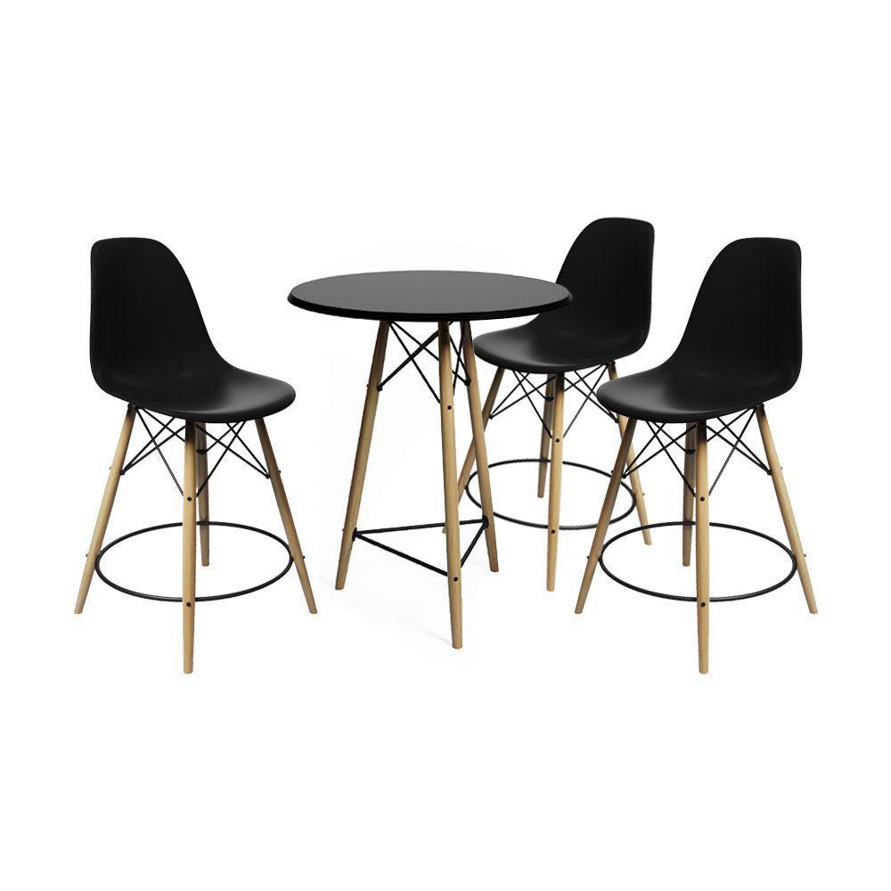 Conjunto Mesa Bistrô Eames Eiffel Preta Com 3 Banquetas Pretas De Madeira - Cor: Preto - 1