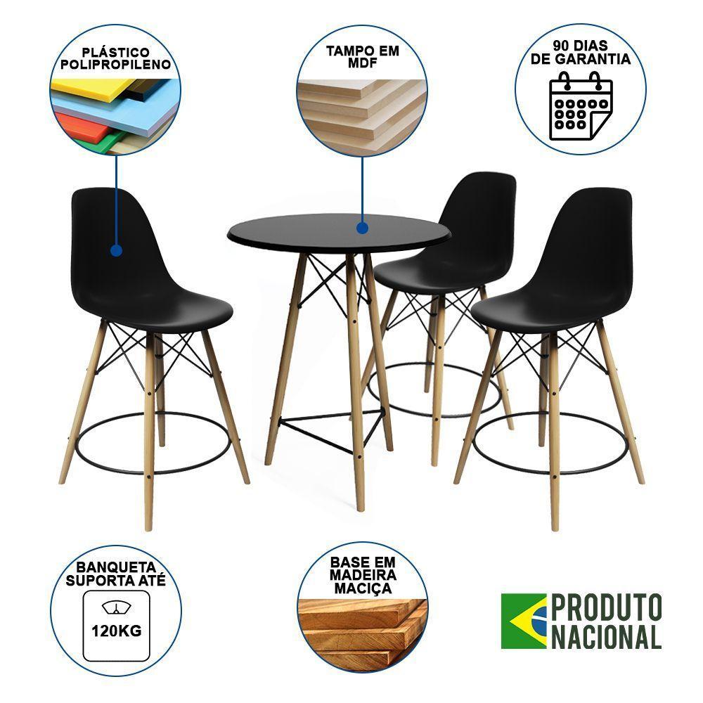 Conjunto Mesa Bistrô Eames Eiffel Preta Com 3 Banquetas Pretas De Madeira - Cor: Preto - 6