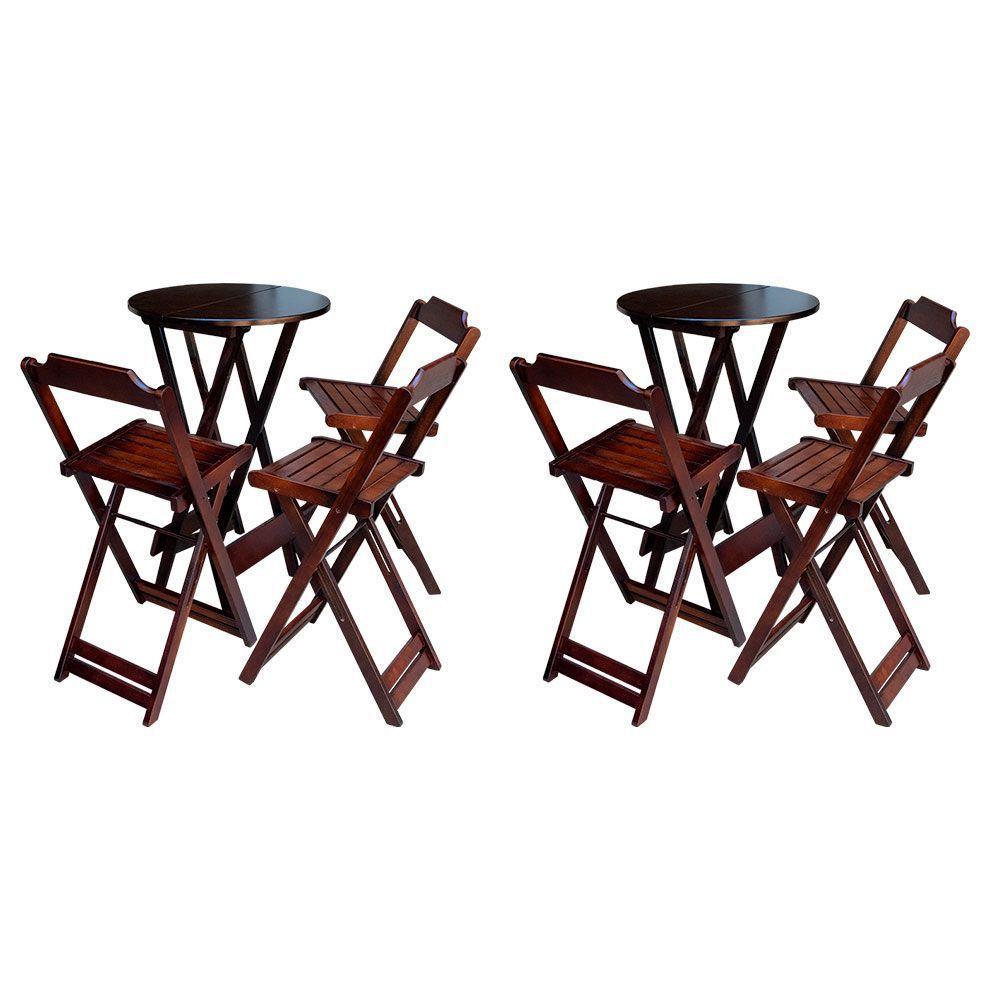 Kit 2 Conjuntos De Mesa Bistrô Dobravel Em Madeira Maciça Com 3 Banquetas Altas - Imbuia - Marrom - 1