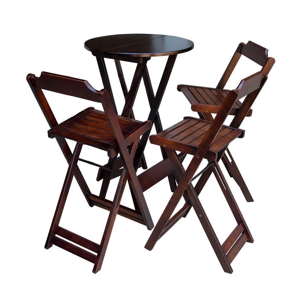 Kit 2 Conjuntos De Mesa Bistrô Dobravel Em Madeira Maciça Com 3 Banquetas Altas - Imbuia - Marrom - 6