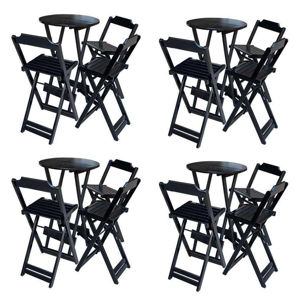 Kit 4 Conjuntos De Mesa Bistrô Dobravel Em Madeira Maciça Com 3 Banquetas Altas - Preto - Preto - 1