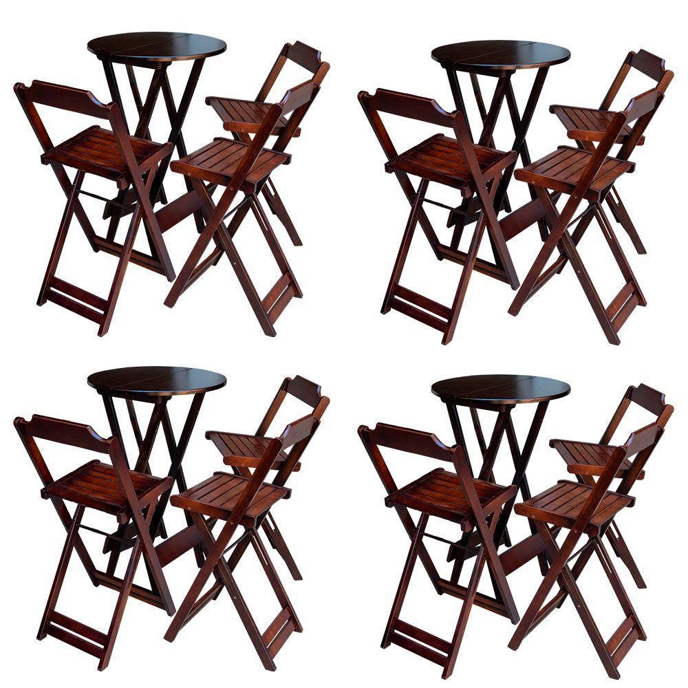 Kit 4 Jogos De Mesa Bistrô De Madeira Dobrável Com 3 Banquetas - Imbuia - 1
