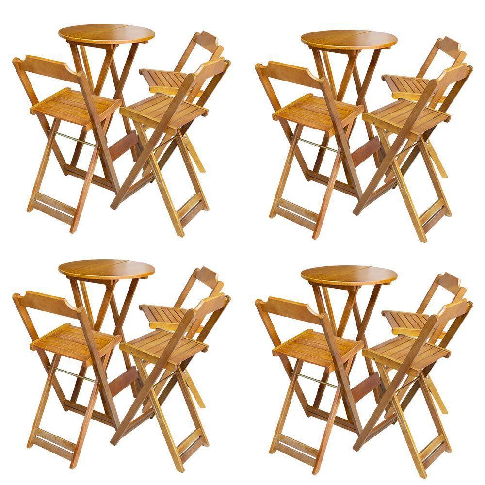 Kit 4 Conjuntos De Mesa Bistrô Dobravel Em Madeira Maciça Com 3 Banquetas Altas - Mel - Marrom - 1