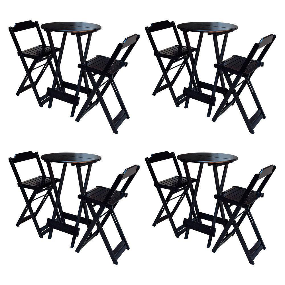 Kit 4 Conjuntos De Mesa Bistrô Dobraveis Em Madeira Padrão Com 2 Banquetas Altas - Marrom - Marrom - 1