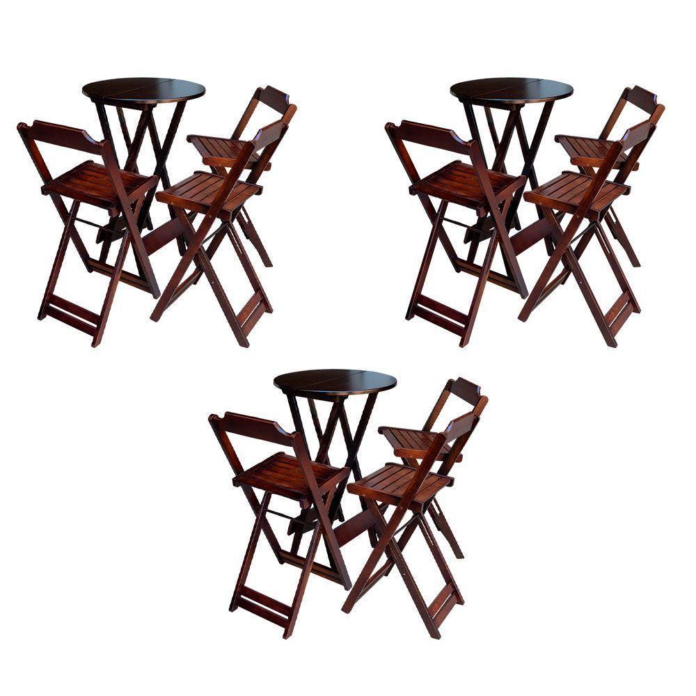 Kit 3 Conjuntos De Mesa Bistrô Dobraveis Em Madeira Padrão Com 3 Banquetas Altas - Imbuia - Marrom - 1