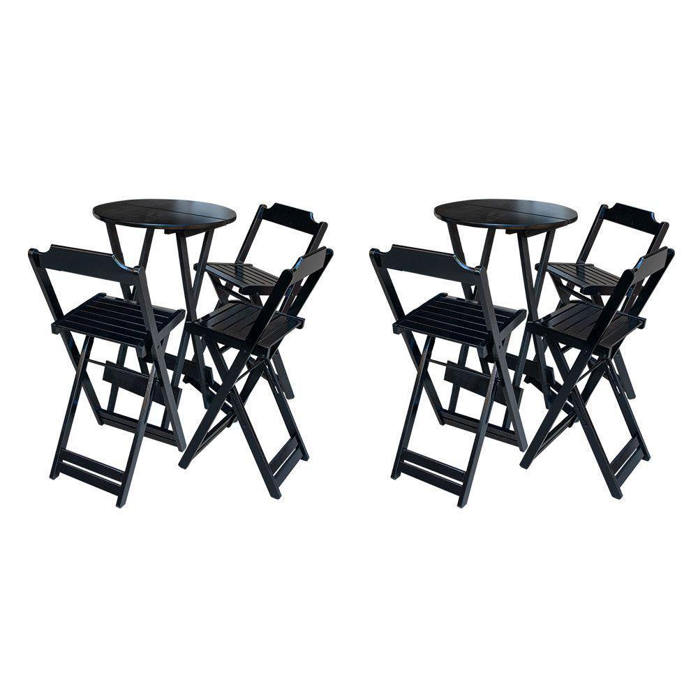 Kit 2 Conjuntos De Mesa Bistrô Dobravel Em Madeira Maciça Com 3 Banquetas Altas - Preto - Preto - 1