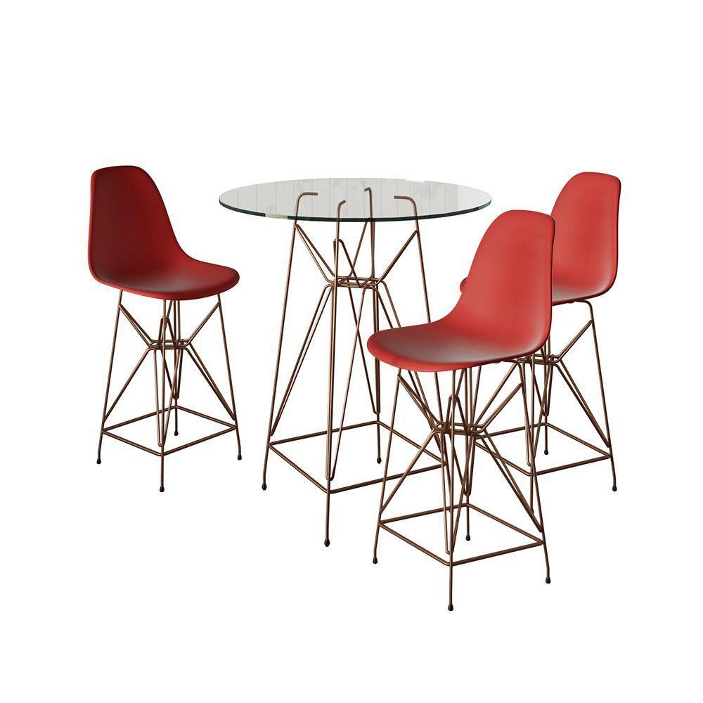 Jogo Mesa Bistrô Eames Vidro 60Cm 3 Banquetas Vermelha Base Ferro Cobre - Cor: Branco - 1