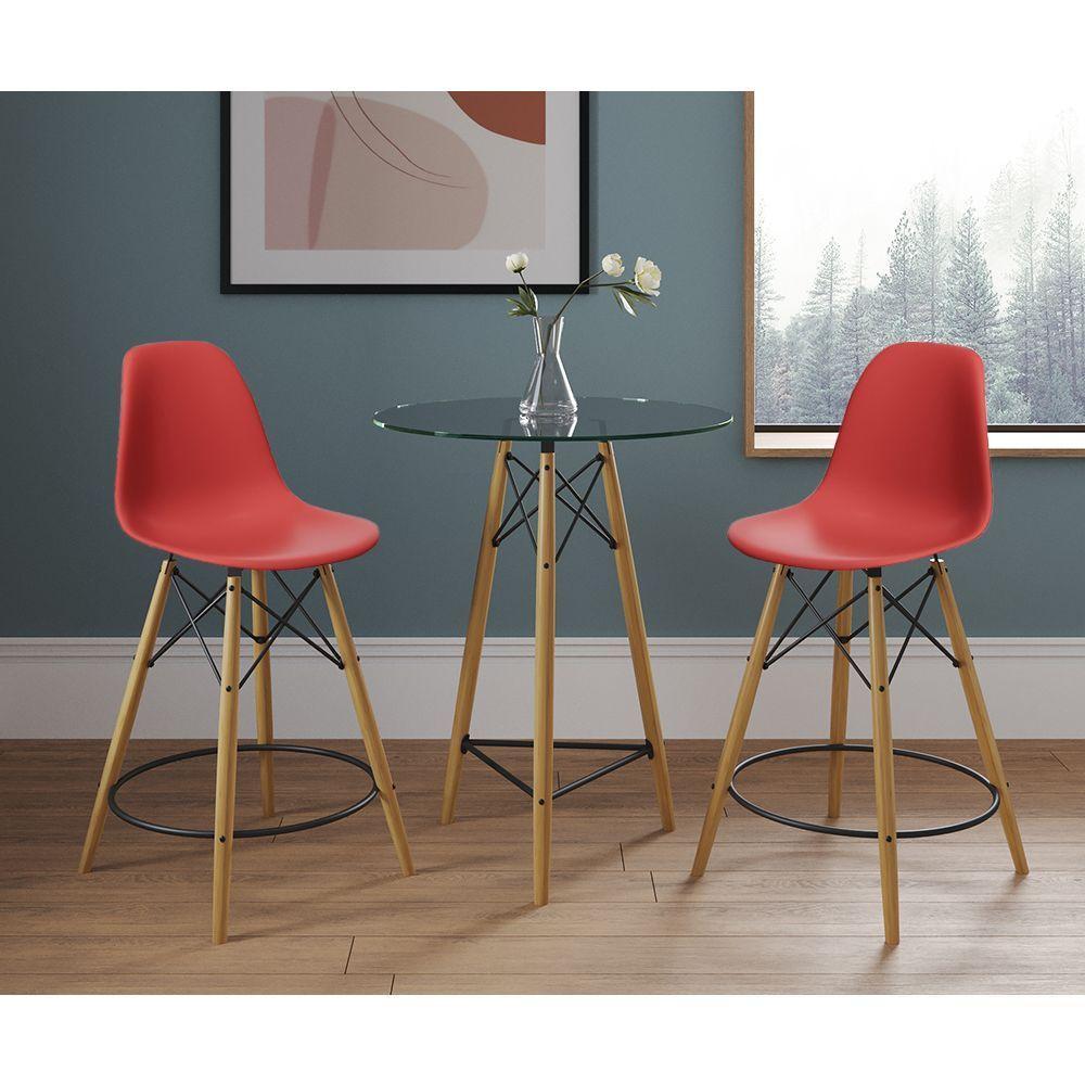 Mesa Bistrô Eames Eiffel Vidro Com 2 Banquetas Vermelhas De Madeira - 1