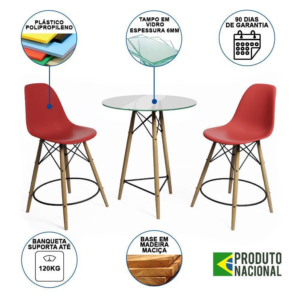 Mesa Bistrô Eames Eiffel Vidro Com 2 Banquetas Vermelhas De Madeira - 6