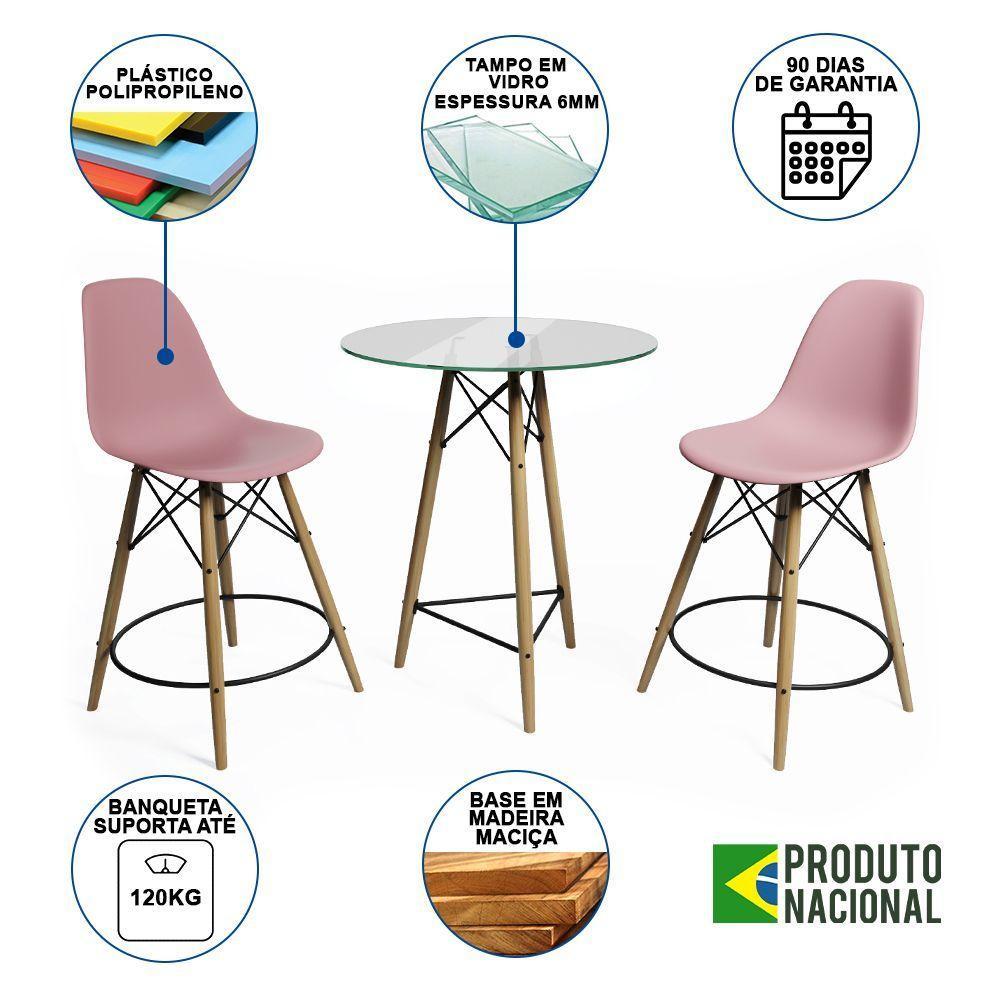 Mesa Bistrô Eames Eiffel Vidro Com 2 Banquetas Rosas De Madeira - 6