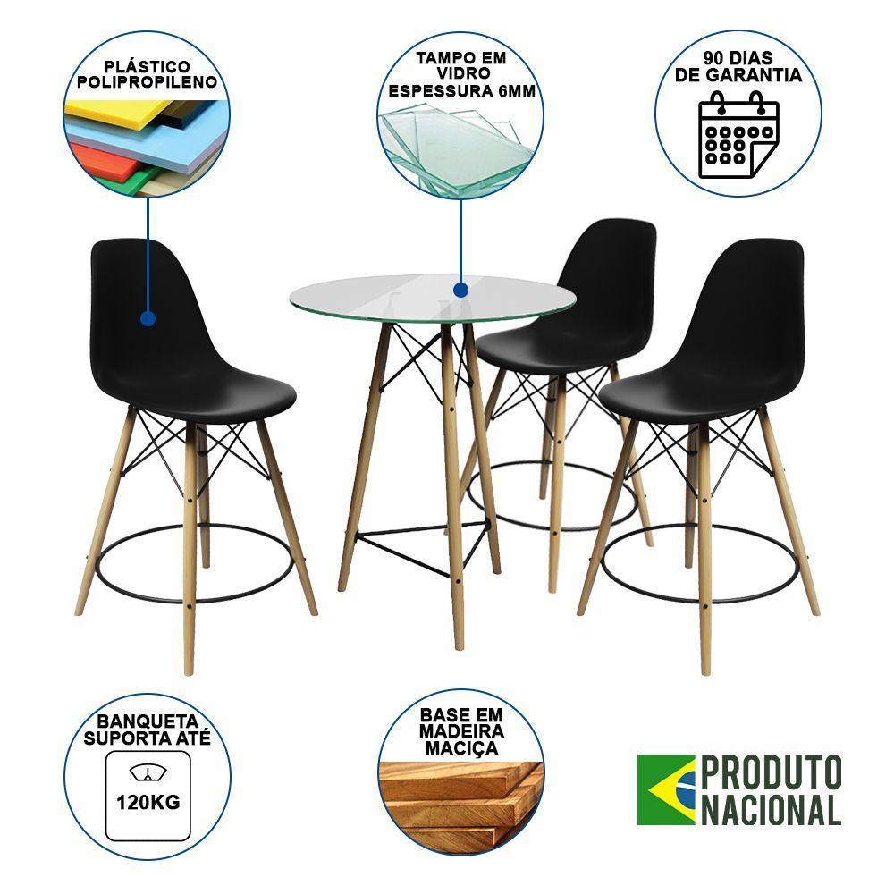 Conjunto Mesa Bistrô Eames Eiffel Vidro Com 3 Banquetas Pretas De Madeira - Cor: Marrom - 6