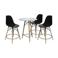 Conjunto Mesa Bistrô Eames Eiffel Vidro Com 3 Banquetas Pretas De Madeira - Cor: Marrom - 1