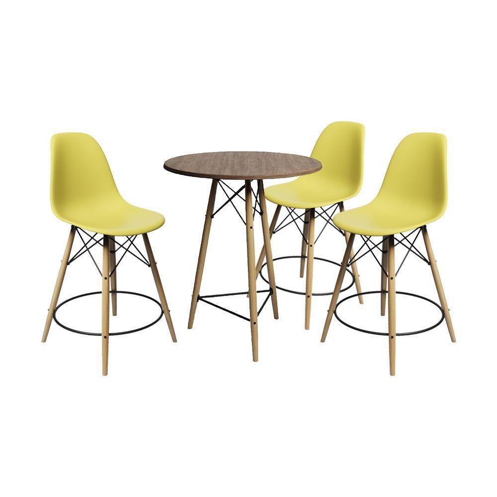 Conjunto Mesa Bistrô Eames Eiffel Amêndoa Com 3 Banquetas Amarelas De Madeira - 1