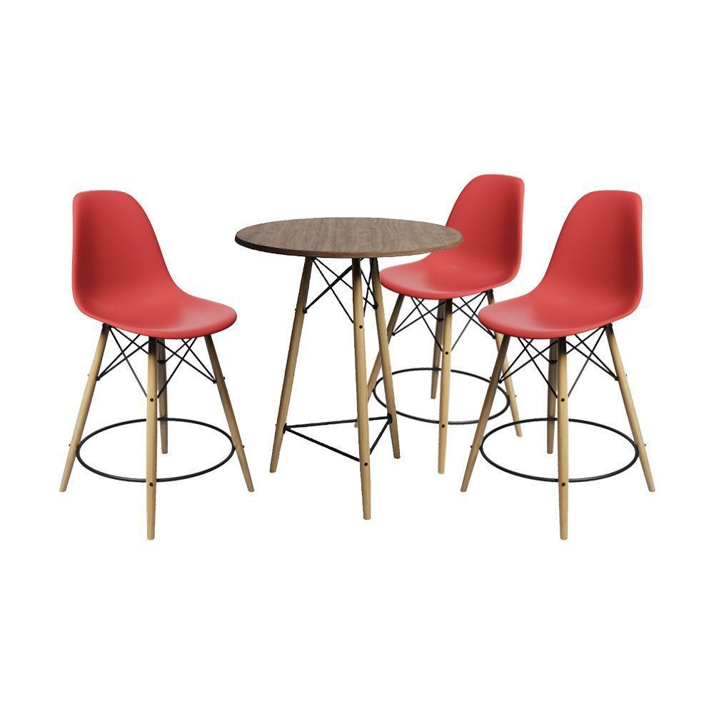 Conjunto Mesa Bistrô Eames Eiffel Amêndoa Com 3 Banquetas Vermelhas De Madeira - 1