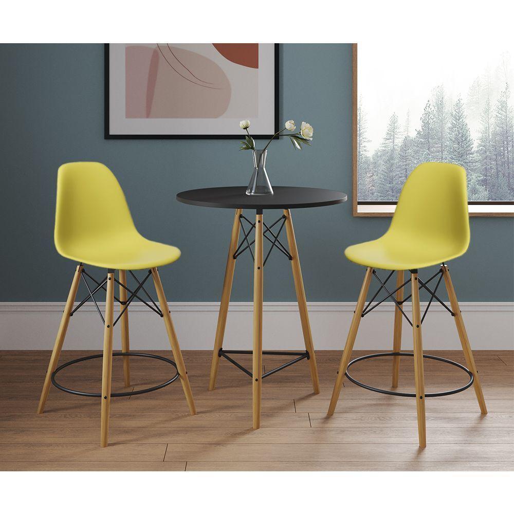 Mesa Bistrô Eames Eiffel Preta Com 2 Banquetas Amarelas De Madeira - 1