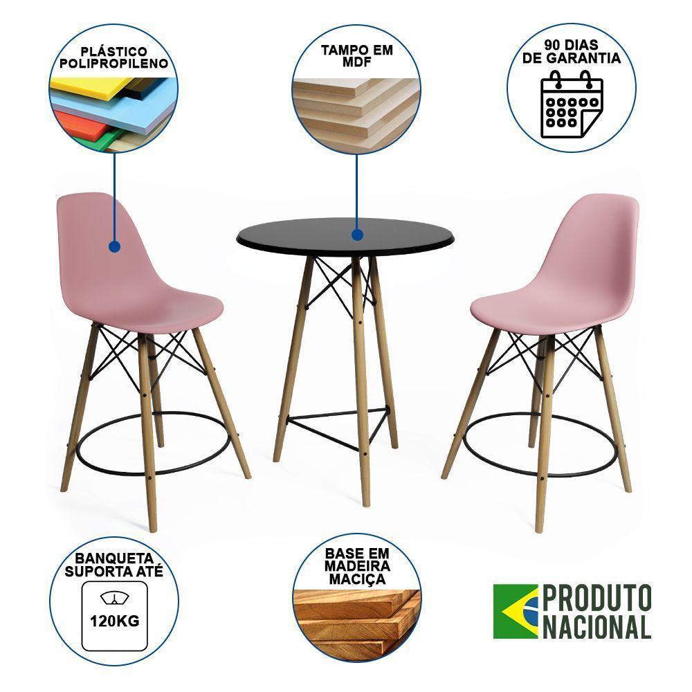 Mesa Bistrô Eames Eiffel Preta Com 2 Banquetas Rosas De Madeira - 6