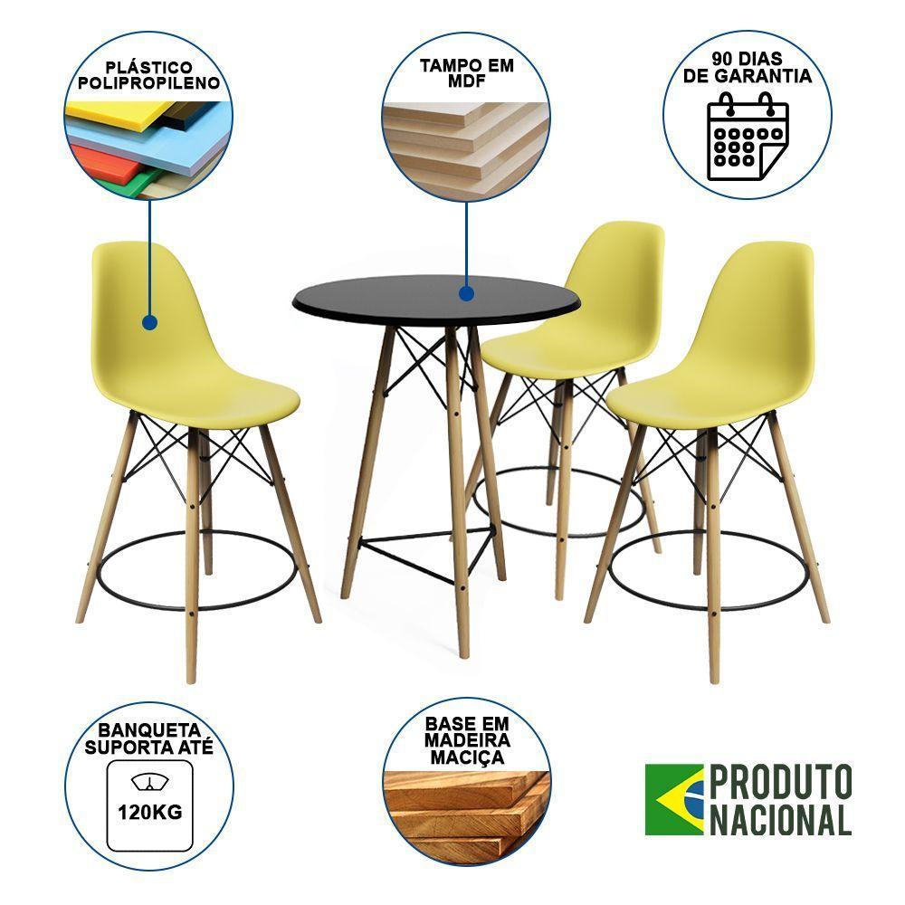 Conjunto Mesa Bistrô Eames Eiffel Preta Com 3 Banquetas Amarelas De Madeira - 6