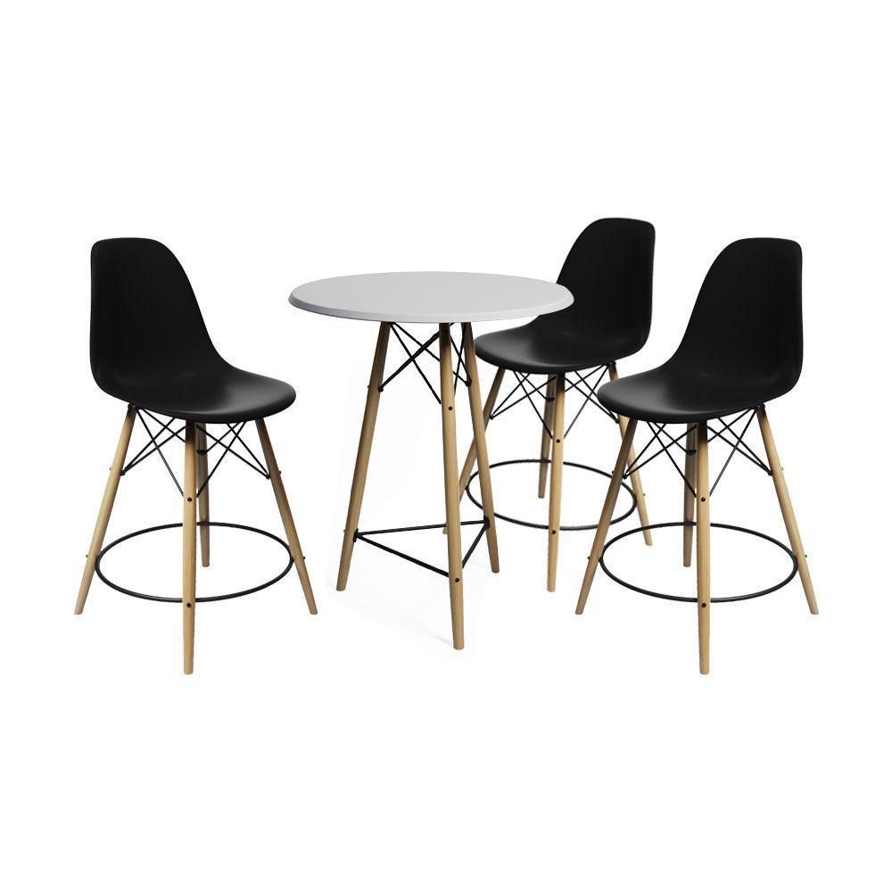 Conjunto Bistrô Eames Eiffel Mesa Branca Com 3 Banquetas Pretas De Madeira - 1