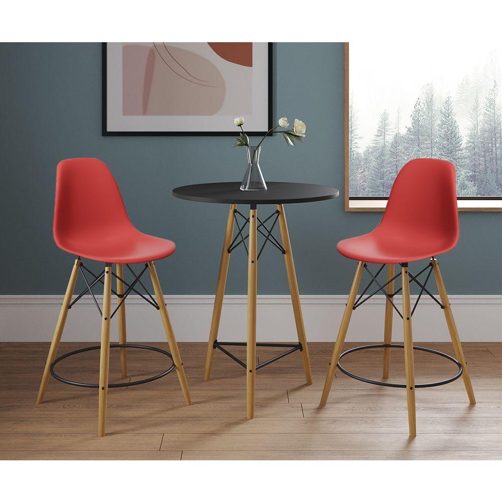 Mesa Bistrô Eames Eiffel Preta Com 2 Banquetas Vermelhas De Madeira - 1