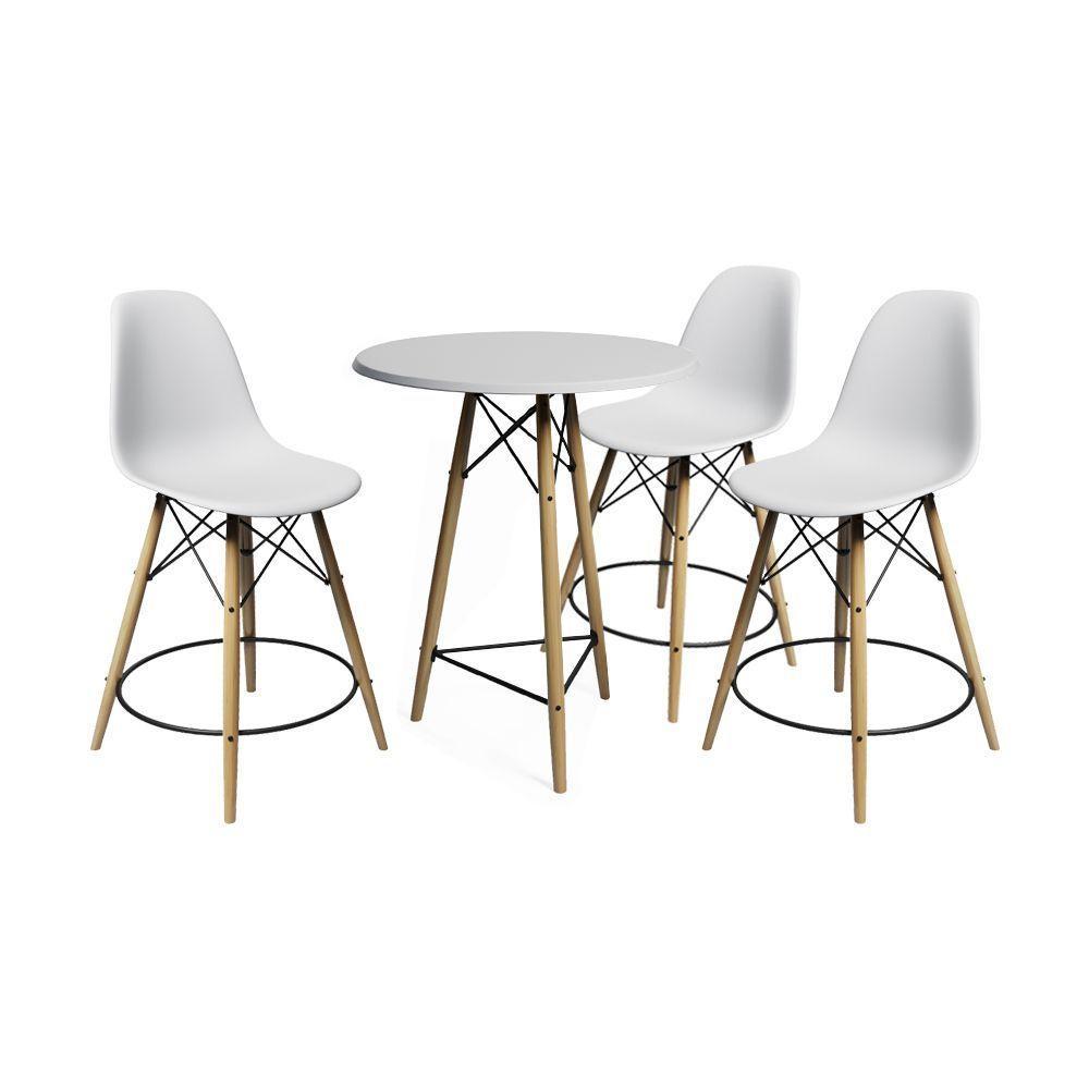 Mesa Bistrô Eames Eiffel Branca Com 3 Banquetas Brancas De Madeira - Cor: Branco - 1
