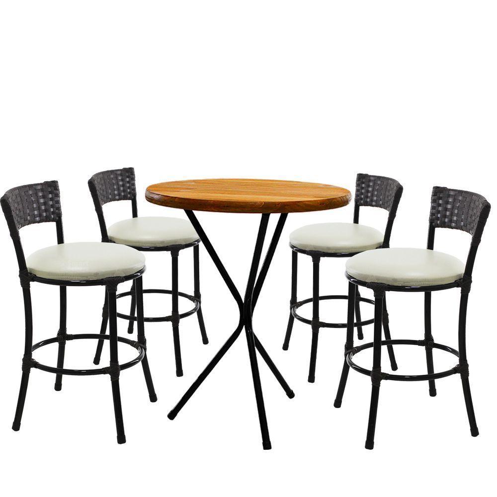 4 Banquetas Forts Baixa Fibra Preto Ferro Bistrô Tampa Madeira Com Assento Branco - 1