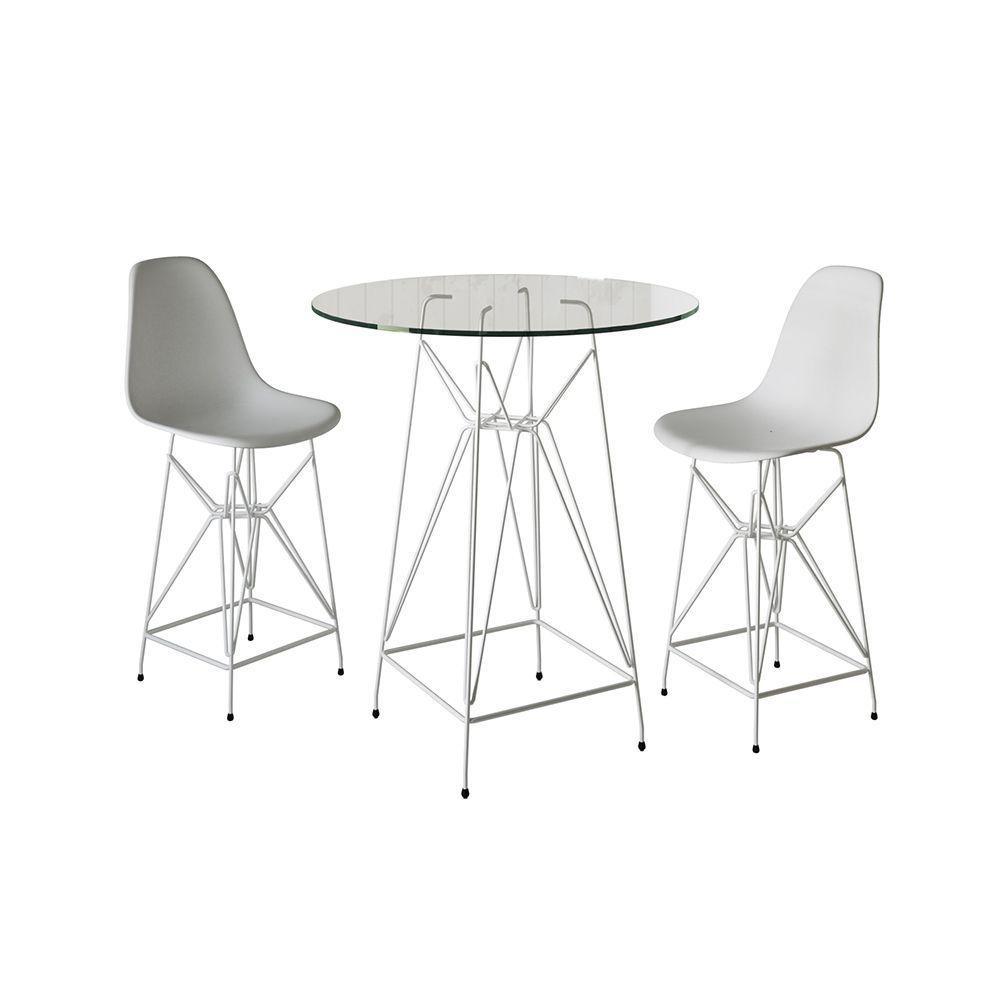 Jogo Mesa Bistrô Eames Eiffel Vidro 60Cm 2 Banquetas Branca Base Ferro Branco - Cor: Branco - 1