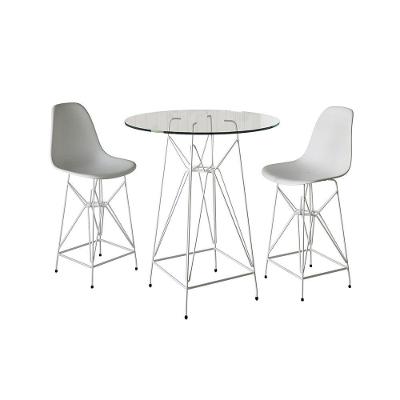 Jogo Mesa Bistrô Eames Eiffel Vidro 60Cm 2 Banquetas Branca Base Ferro Branco - Cor: Branco